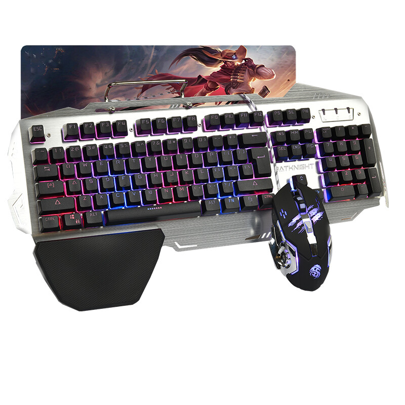 游戲背光發光牧馬人機械手感鍵盤鼠標套裝lol懸浮鍵鼠套裝有線 網吧電腦筆記本USB外接鍵盤 黑色RGB金屬鍵盤+X5金屬風鼠黑+裂紋耳機黑