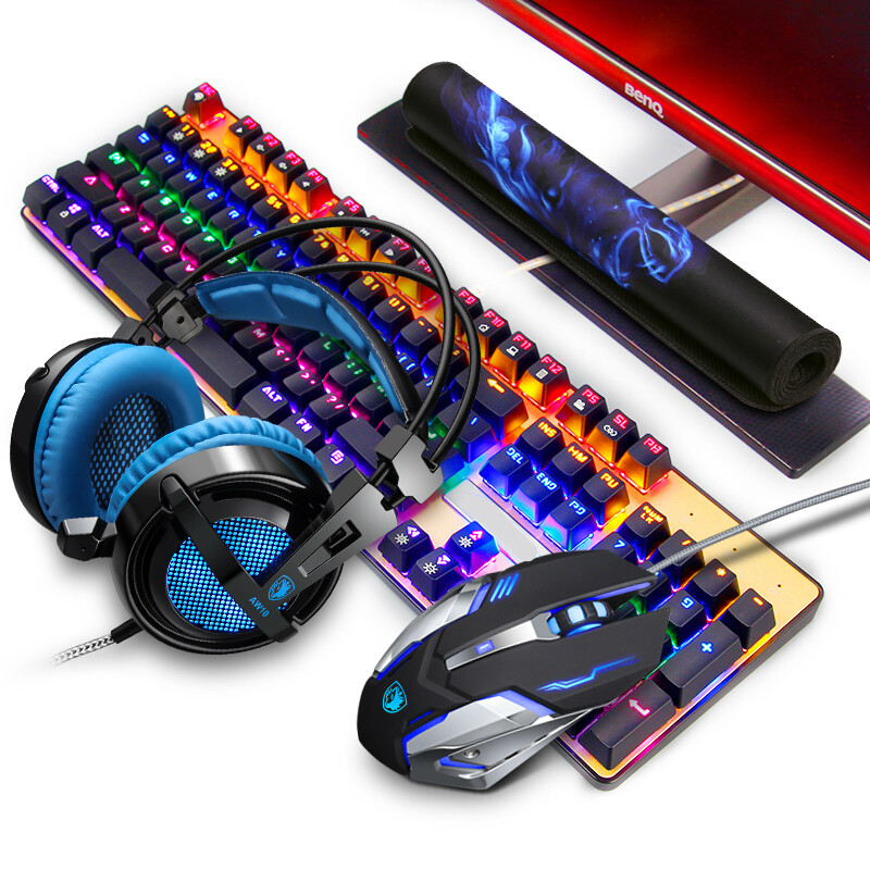 甘斯(GANSI)真機械鍵盤鼠標耳機三件套裝青軸黑軸網(wǎng)吧網(wǎng)咖白色臺式筆記本電腦家用吃雞電競游戲?qū)Ｓ?白色白光 青軸+游戲鼠標+游戲耳機